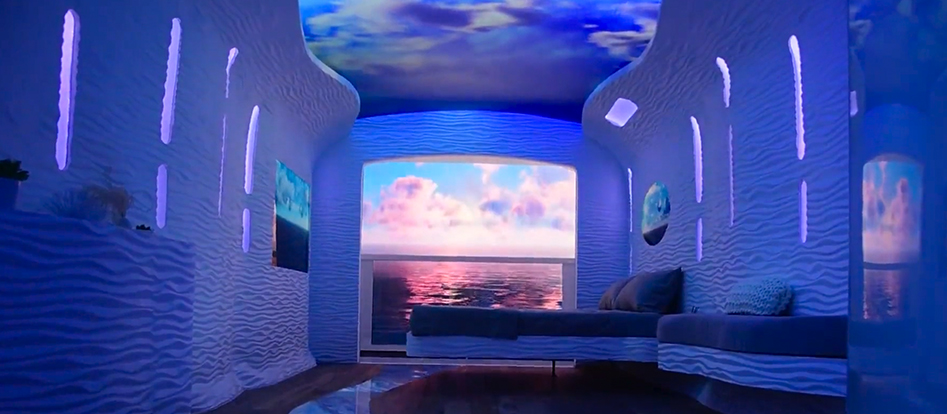 The Royal Caribbean Cabin of the Future is a sneak peek into the future of Royal Caribbean’s cruise experience. With a touch of a button, the environment is altered to reflect nature. Attendees can experience a thunderstorm, rain or a sunny day whenever they wish. To make the cabin come to life, both LED screens and projectors were used to create a dynamic environment that is able to present different looks and feels.